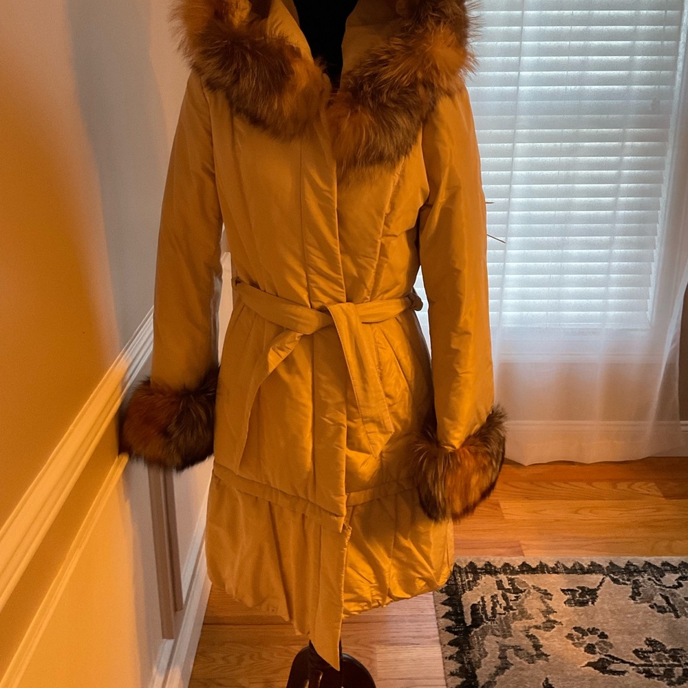 Basic Editions Yellow Fur-Trimmed Puffer Coat